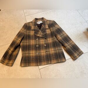 Oleg Cassini Brown Plaid Double-Breasted wool jacket